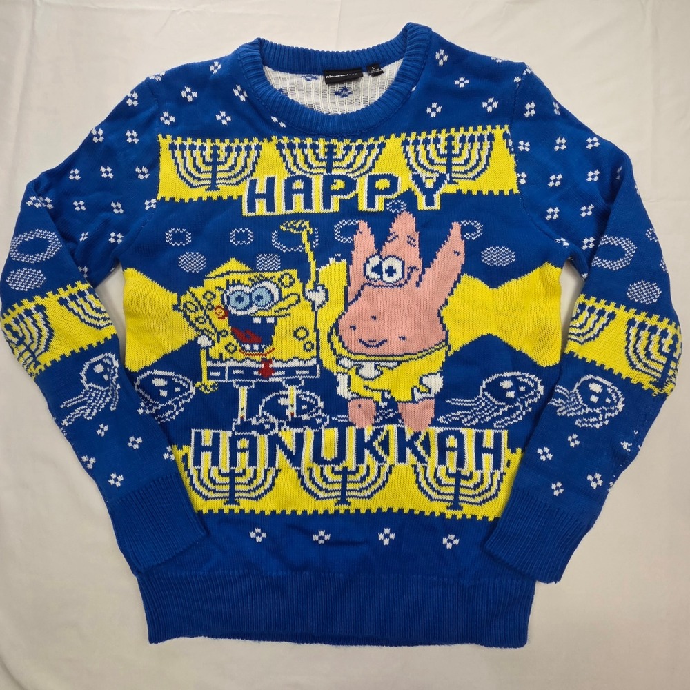 Nickelodeon Unisex SpongeBob Hanukkah Sweater Large Blue Patrick Star Ugly Knit